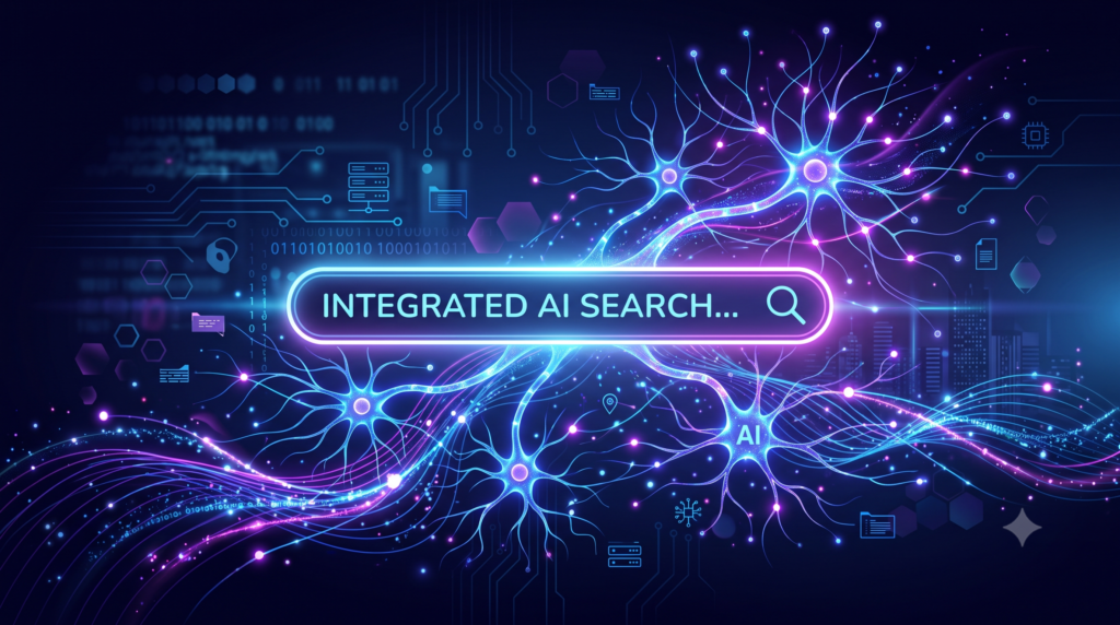 A glowing, futuristic digital illustration featuring a search bar in the center that reads 'INTEGRATED AI SEARCH...' surrounded by interconnected neural networks and data streams, symbolizing an advanced AI-powered search environment.
